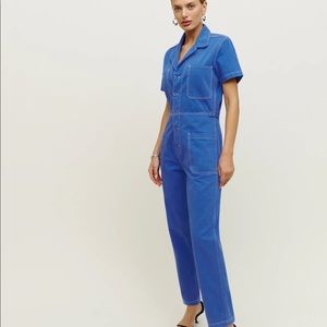 Reformation | “Morgan” Blue Denim Jean button up Twill utility jumpsuit XS 0/2